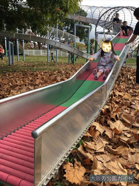 万博記念公園の大型遊具「やったねの木」ローラー滑り台をすべる様子