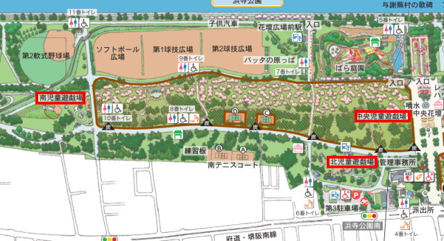 浜寺公園の地図（遊具エリアは赤枠で表示） 
