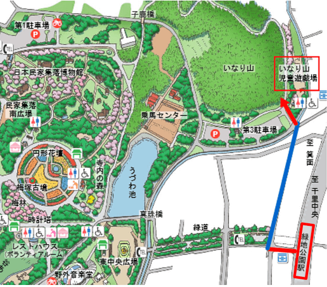 服部緑地・いなり山児童遊戯場（ガリバー公園）マップ