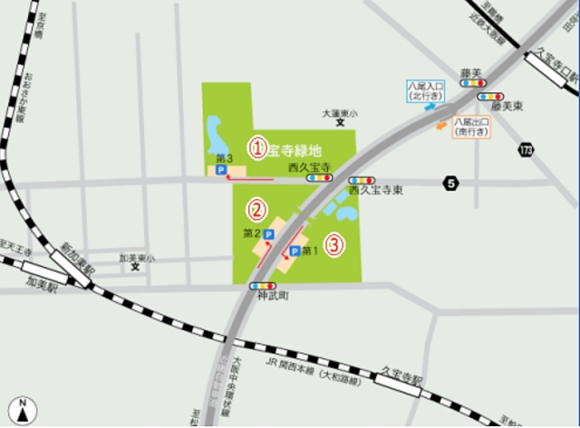 久宝寺緑地の地図（エリア分けあり）