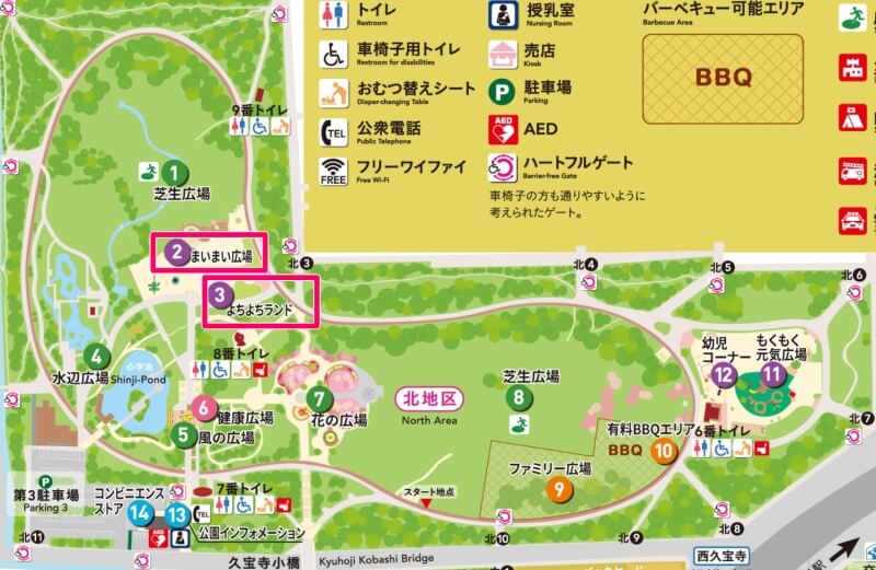 久宝寺緑地の遊具①まいまい広場＆よちよちランドの場所マップ