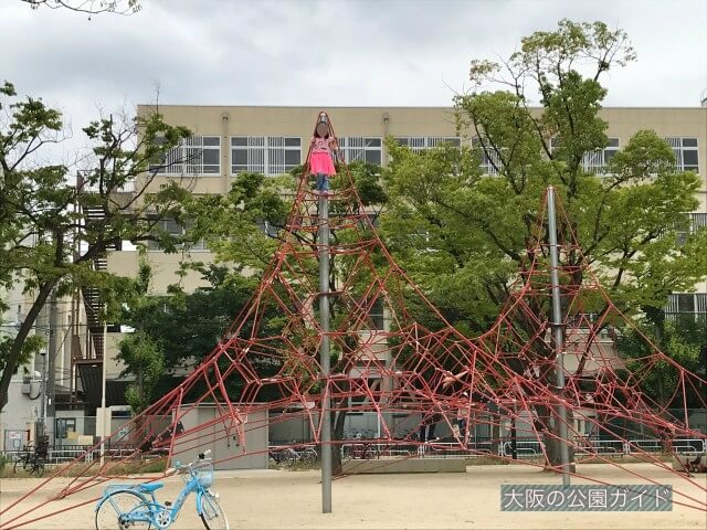 「三国ヶ丘公園」ロープ型ジャングルジムの頂上に登った様子