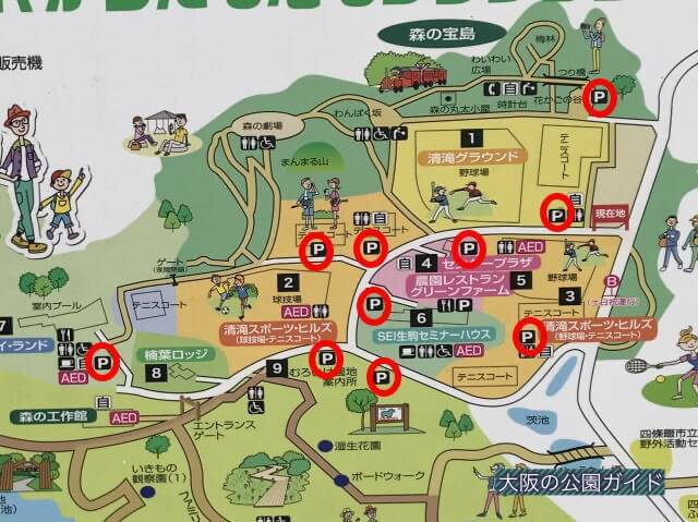 「むろいけ園地・緑の文化園」駐車場地図（合計10箇所ある）