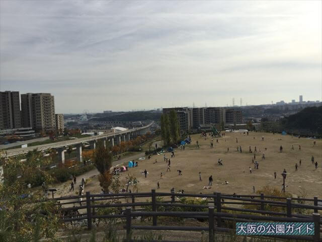 丘の上から彩都西公園の芝生広場を撮影