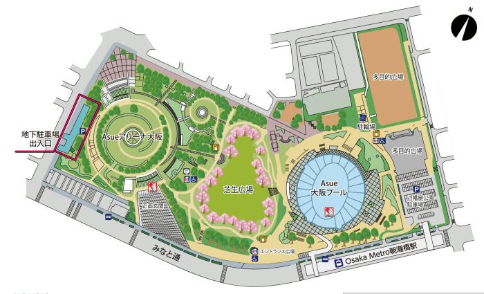 八幡屋公園マップ②（Asue アリーナ大阪駐車場は赤枠）