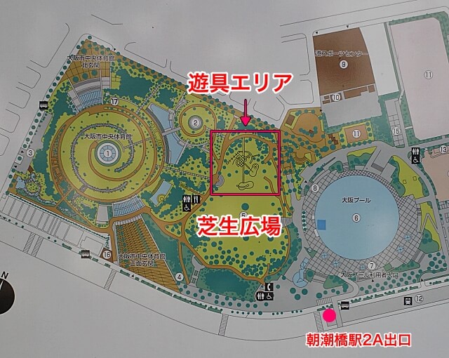 八幡屋公園の遊具と芝生広場マップ